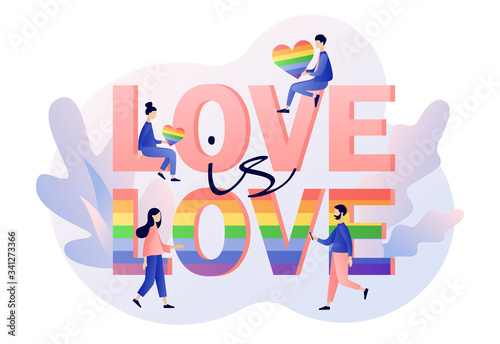 Love is love. LGBT movement concept. Tiny people with Rainbow coloured flag and hearts. Love parade. Modern flat cartoon style. Vector illustration on white background