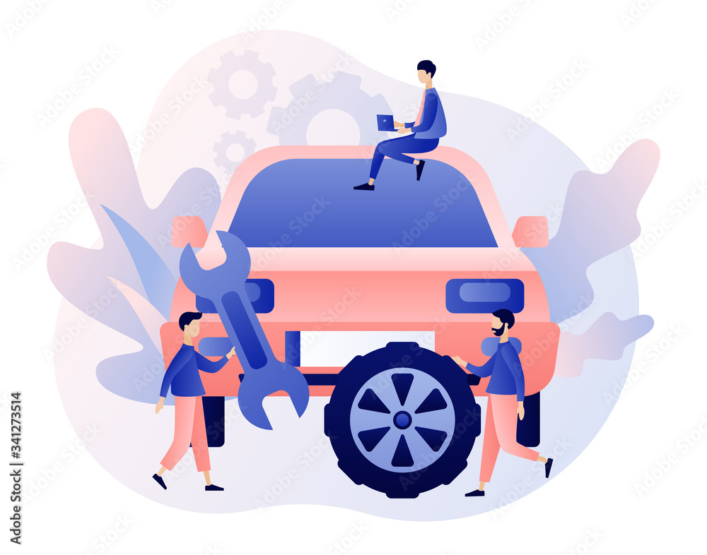 Auto service concept. Car service and repair. Tiny Repairman, Mechanics characters in uniform with tools and tire. Modern flat cartoon style. Vector illustration on white background Auto service concept. Car service and repair. Tiny Repairman, Mechanics characters in uniform with tools and tire. Modern flat cartoon style. Vector illustration on white background