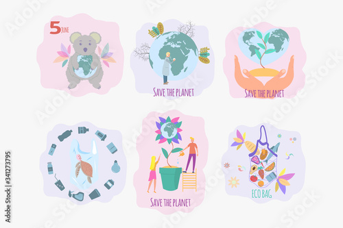 Set of 6 environmental protection illustration. Save the planet. Ocean pollution, global warming, forest fires, floods, deforestation, carbon monoxide air pollution. Ecology. 
