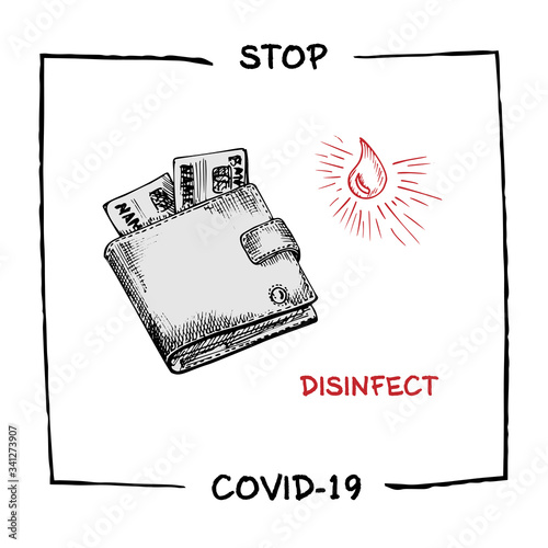 Design concept of Medical, social, economic and financial information agitational poster against coronavirus epidemic with text Stop Covid-19 Desinfect Sketch style