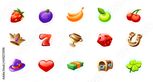 Set icons for the game interface. Casino icons for slot machines, lotteries. Bonus logos for gambling. Strawberry, banana, apple, cherry, crown, bowl, cube, horseshoe, heart hat clover vector