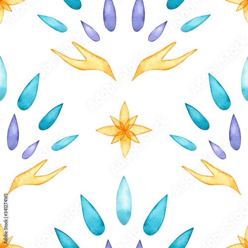 Seamless pattern with watercolor hands, flowers and petal. Hand drawn illustration is isolated on white. Yoga template is perfect for spiritual practice design, meditation wallpaper, fabric textile