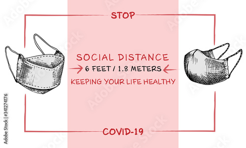 Design concept of Medical, social, economic and financial information agitational poster against coronavirus epidemic with text Stop Covid-19 Social distance Keeping your life healthy Sketch style