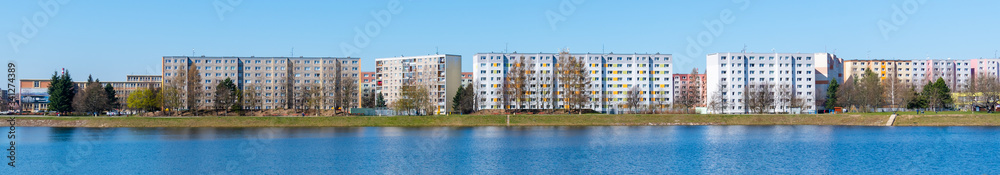 Housing estate at Mseno Reservoir. Blocks of flats at the water. Jablonec nad Nisou, Czech Republic