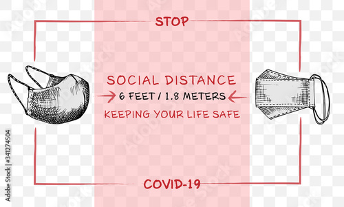 Design concept of Medical, social, economic and financial information agitational poster against coronavirus epidemic with text Stop Covid-19 Social distance Keeping your life safe Sketch style