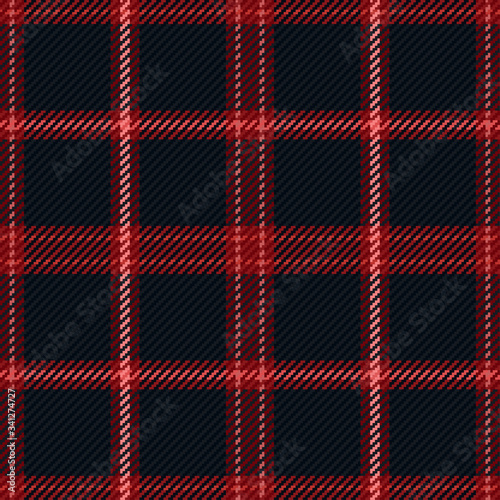 Vector graphic of red, black and white gingham cloth background with fabric texture. Lumberjack flannel shirt textures. Suits for decorative paper, packaging and gift wrap. No gradient. No transparent