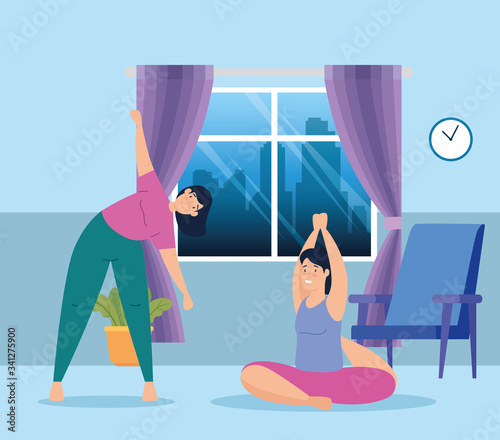women practicing exercise and yoga in the home vector illustration design