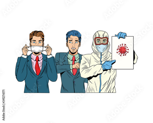 businessmen and man with biosafety suit lifting covid19 label