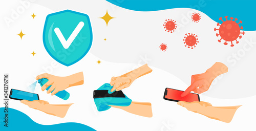 How to disinfect mobile devices with antiseptic or alcohol wipes. Medical banner template. Prevent a patient from getting infected with coronavirus. Protection from the virus pandemic, covid-19.