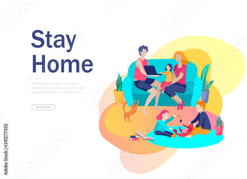 Stay at home concept of coronavirus prevention, awareness social media campaign. People and family on quarantine staying together at home. Protection and revention of 2019-nCoV. Banner, landing