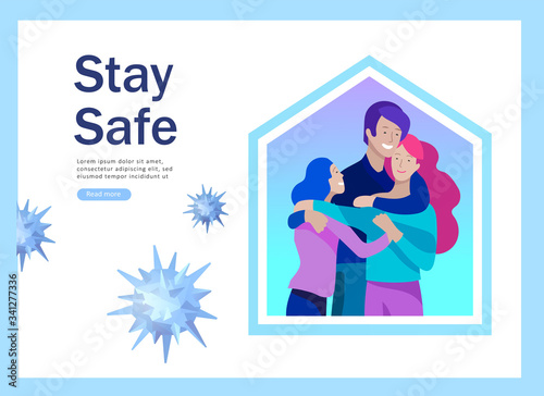 Stay at home concept of coronavirus prevention, awareness social media campaign. People and family on quarantine staying together at home. Protection and revention of 2019-nCoV. Banner, landing