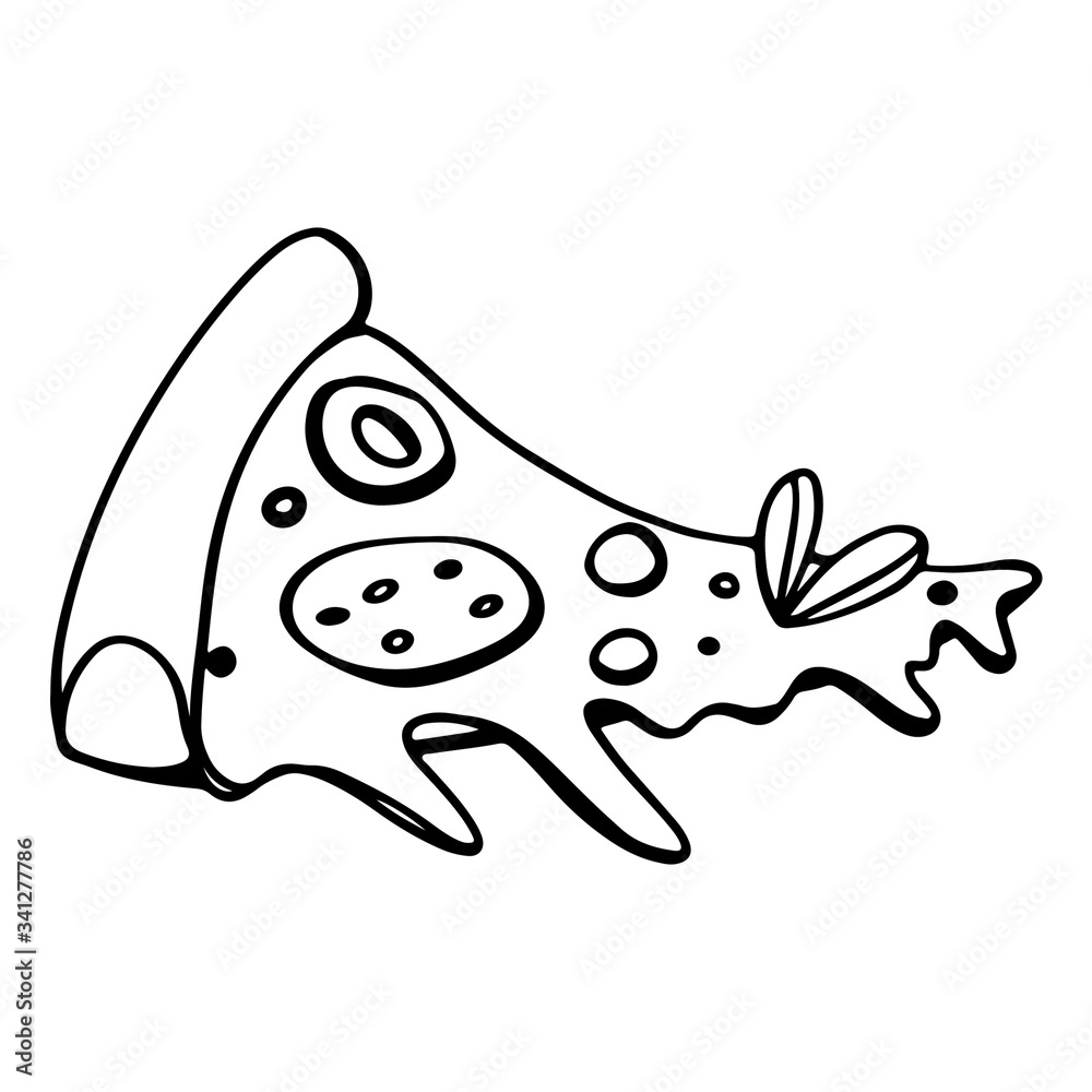 Fototapeta premium Sliced piece with pepper, olive, pepperoni outline digital doodle art. Print for cards, banners, posters, menus, restaurants, cuisine, fabrics, stickers, children's and adult coloring.