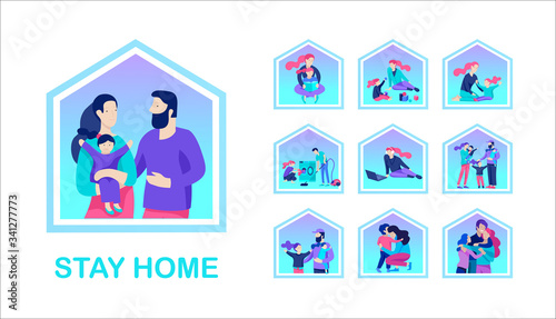 Set of Stay at home concept of coronavirus prevention, awareness social media campaign. People and family on quarantine staying together at home. Protection and revention