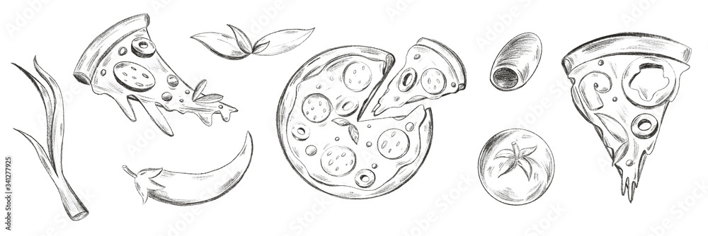 Fototapeta premium Seth piece and round pizza, tomato, olives, pepper, sketch with a simple digital art pencil. Print for cards, banners, posters, menus, restaurants, cuisine, fabrics, stickers