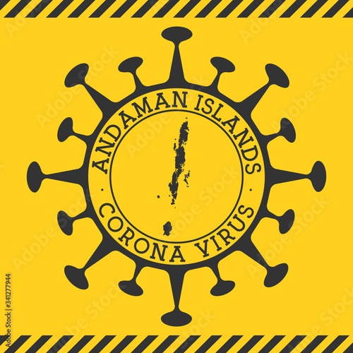 Corona virus in Andaman Islands sign. Round badge with shape of virus and Andaman Islands map. Yellow island epidemic lockdown stamp. Vector illustration.