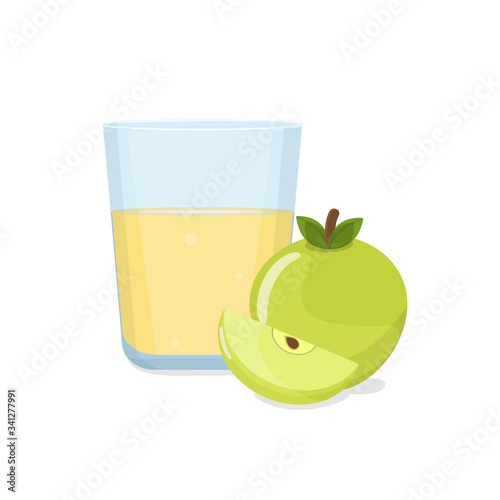 Glass of apple juice and green apple with a slice. Natural fresh squeezed juice. Healthy diet. Vector illustration.