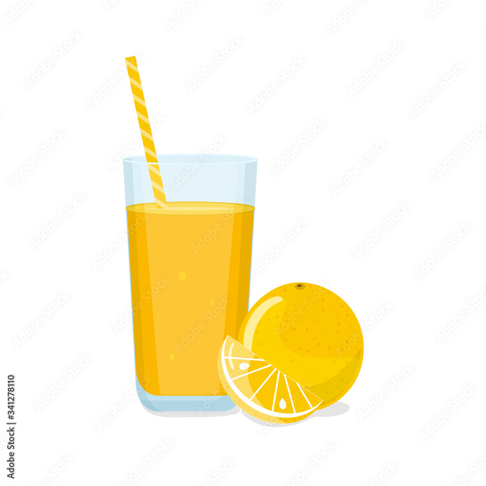 Tall glass of orange juice with tube and orange with a slice. Natural fresh squeezed juice. Healthy diet. Vector illustration. Tall glass of orange juice with tube and orange with a slice. Natural fresh squeezed juice. Healthy diet. Vector illustration.
