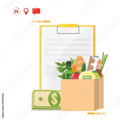 Food delivery concept. Order sheet, money, package with products. Vector illustration.