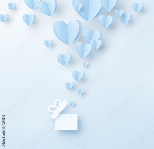 Hearts with gift box postcard. Paper flying elements on blue background. Vector symbols of love for Happy Father's, Mother's, Valentine's Day, birthday greeting card design.