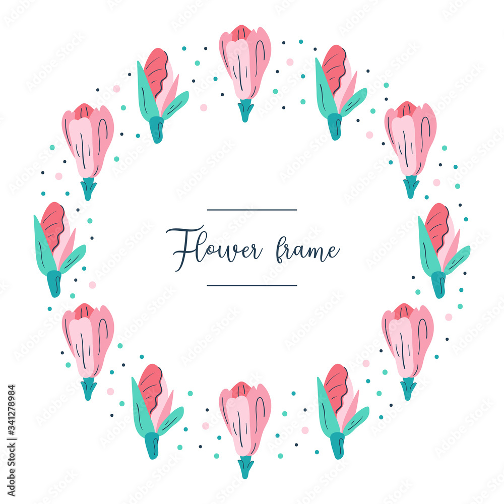 My little flower frame. Little pink magnolia flowers postcard. Flora design elements. Wild life, blooming flowers, botanic.Flat colourful vector illustration icon sticker isolated on white background.