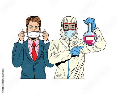 businessman and man with biosafety suit lifting tube test