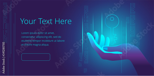 The hand holds the virtual key. Vector illustration on the topic of cybersecurity. Horizontal banner template.