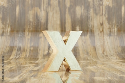 Gold 3d letter X lowercase. Golden letter on glossy wet wooden background. 3d rendered font character.