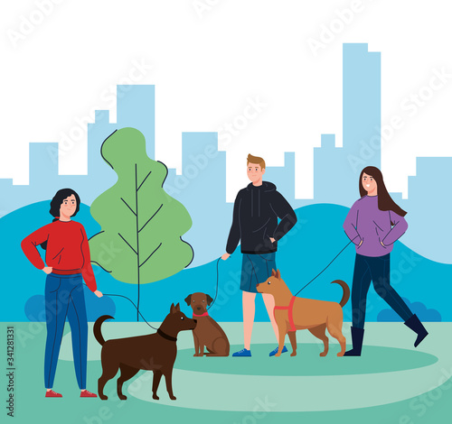 people walking with dogs in landscape vector illustration design