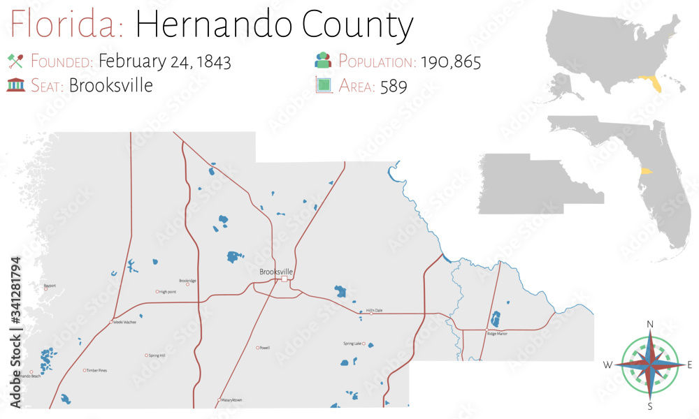 Large and detailed map of Hernando county in Florida, USA.