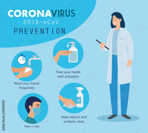 doctor female with campaign of prevention coronavirus 2019 ncov vector illustration design