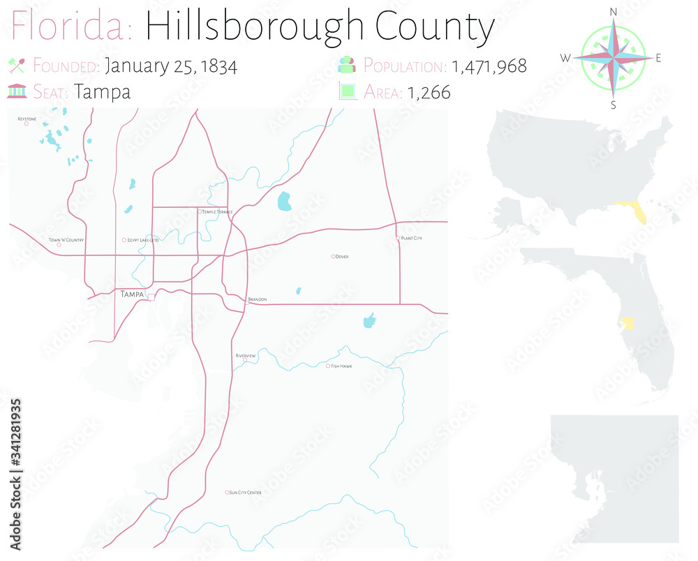 Large and detailed map of Hillsborough county in Florida, USA. Stock ...