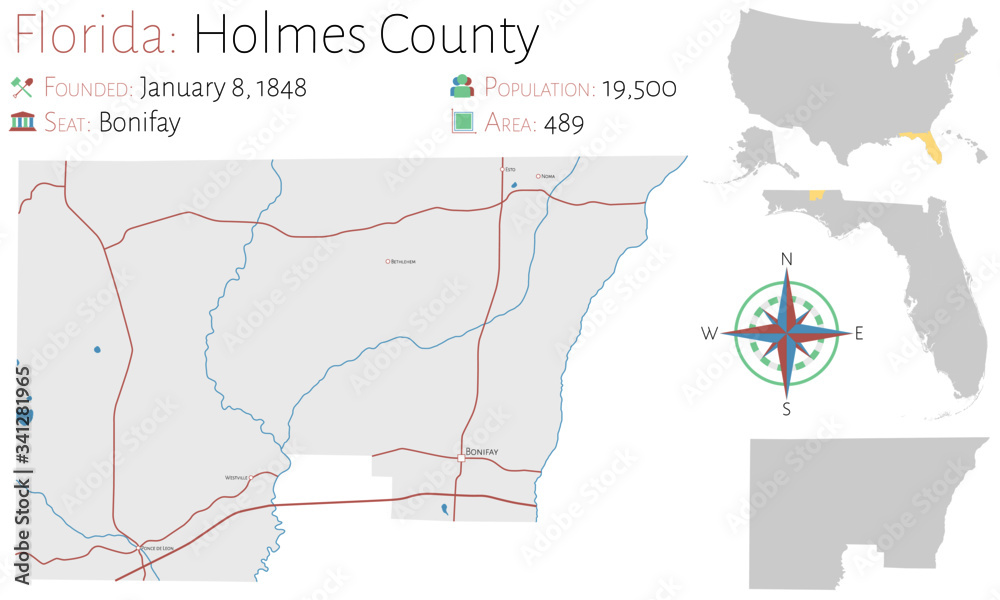 Large and detailed map of Holmes county in Florida, USA.