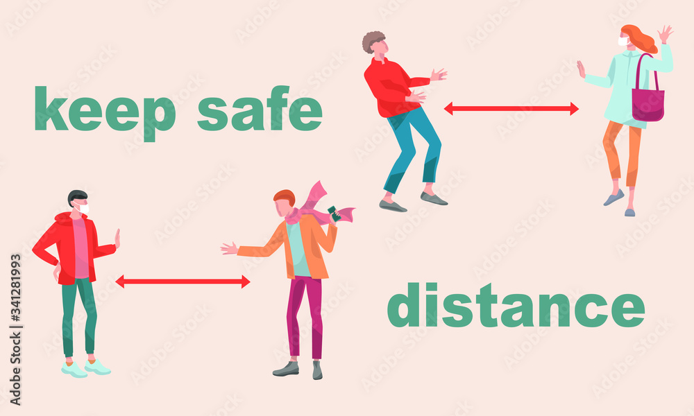 Social distancing concept mans and women keep safe distance and avoid handshake and embrace to prevent COVID-19 coronavirus