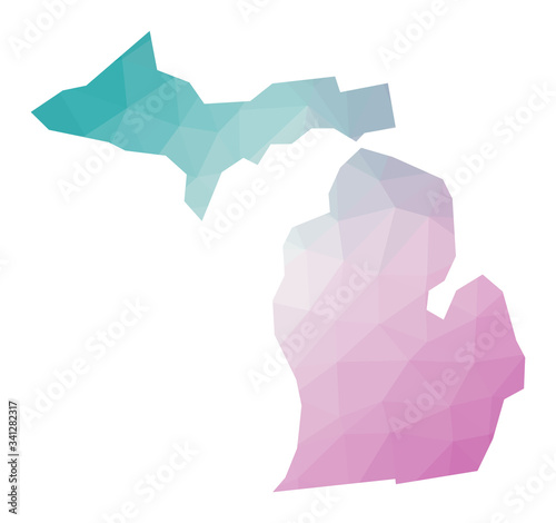 Polygonal map of Michigan. Geometric illustration of the us state in emerald amethyst colors. Michigan map in low poly style. Technology, internet, network concept. Vector illustration.