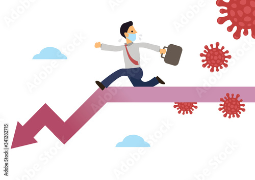 Businessman running on a downtrend arrow with infectious coronavirus