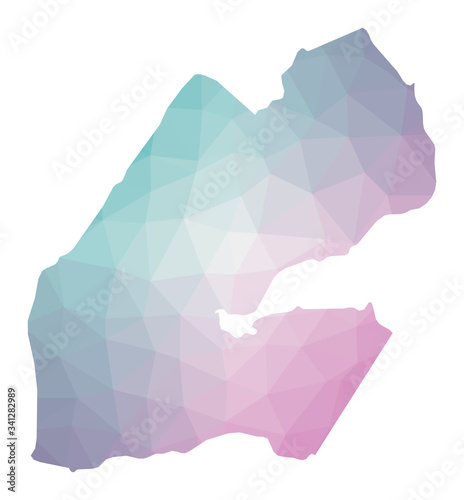 Polygonal map of Djibouti. Geometric illustration of the country in emerald amethyst colors. Djibouti map in low poly style. Technology, internet, network concept. Vector illustration.