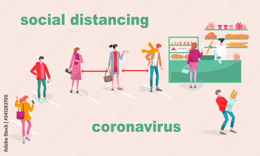 Social distancing  to protect from COVID-19 coronavirus. Mans and women wait in line in the bakery shop and  keep safe distance.  