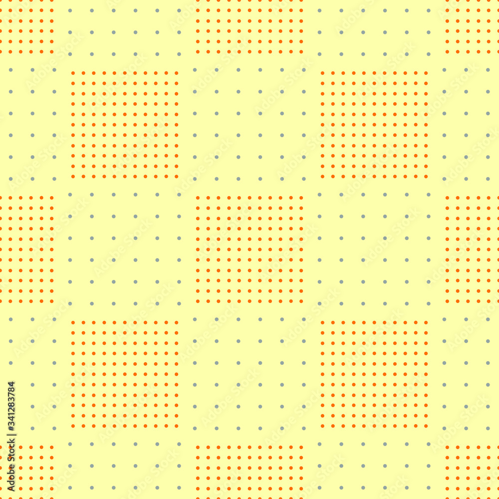 Grey and orange dotted squares on light-orange background: abstract seamless pattern. Vector graphics. Grey and orange dotted squares on light-orange background: abstract seamless pattern. Vector graphics.