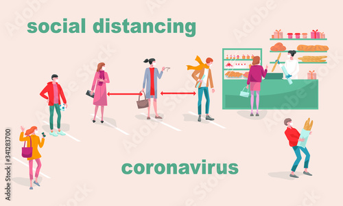 Social distancing to protect from COVID-19 coronavirus. Mans and women wait in line in the bakery shop and keep safe distance. 