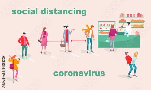 Social distancing  to protect from COVID-19 coronavirus. Mans and women wait in line in the bakery shop and  keep safe distance.  