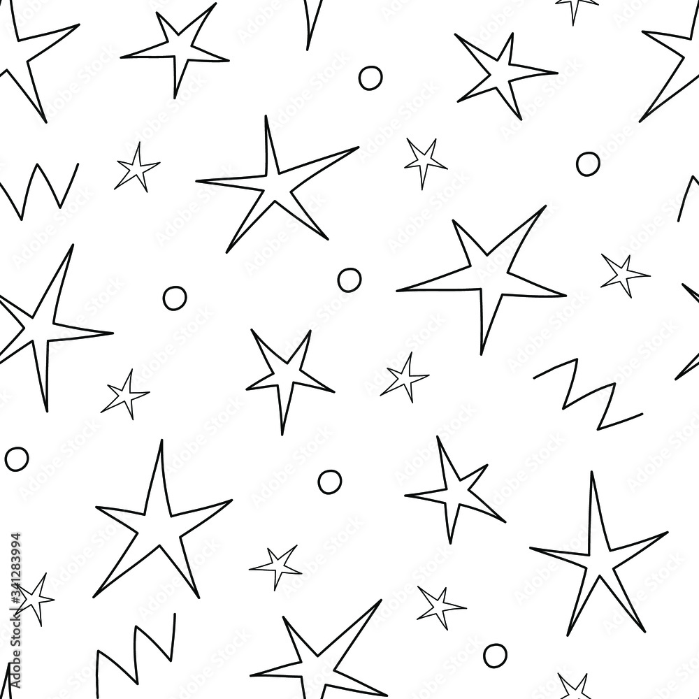 Obraz premium Simple stars, circles and zigzags: black and white abstract seamless pattern. Vector graphics.