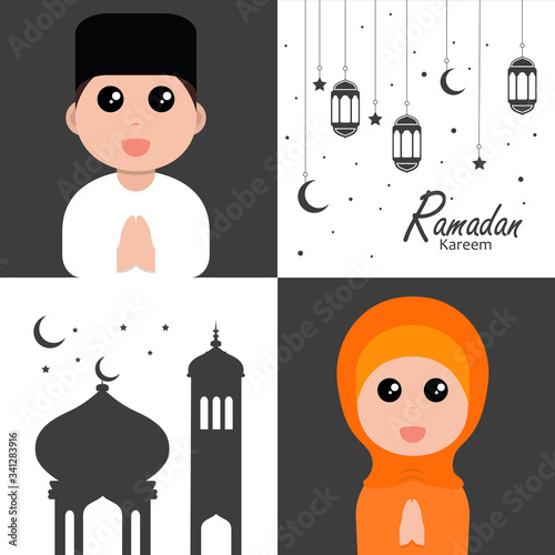 flat illustration ramadan background with ramadan kareem cartoon character design