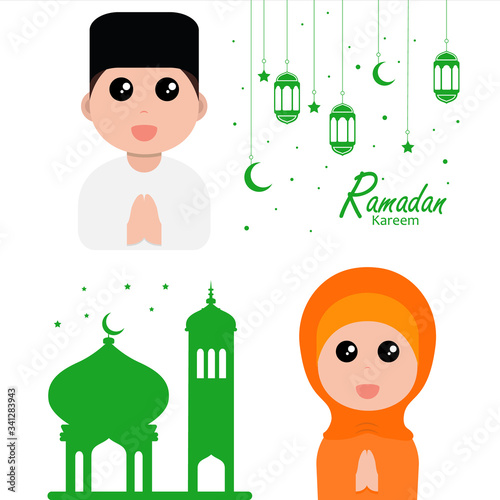 flat illustration ramadan background with ramadan kareem cartoon character design