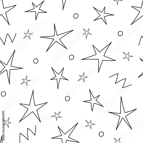 Simple stars, circles and zigzags: black and white abstract seamless pattern. Vector graphics.