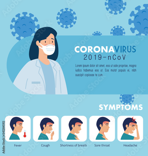 doctor female with campaign of symptoms coronavirus 2019 ncov vector illustration design