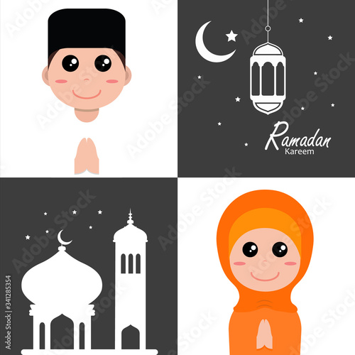 flat illustration ramadan background with ramadan kareem cartoon character design
