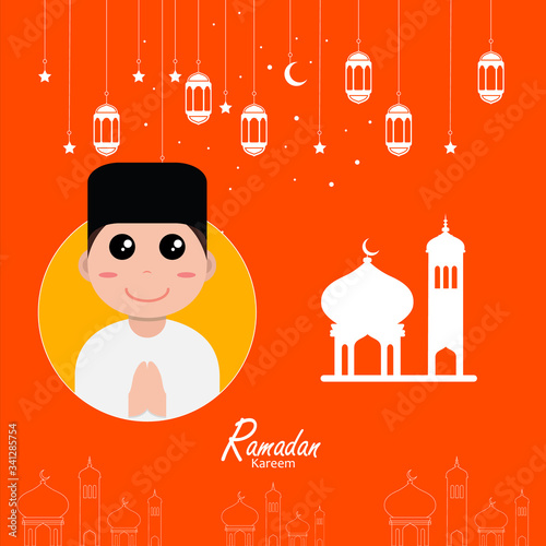 flat illustration ramadan background with ramadan kareem cartoon character design