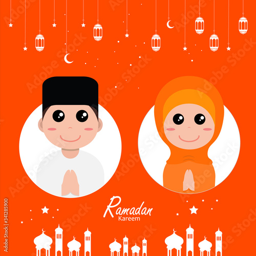 flat illustration ramadan background with ramadan kareem cartoon character design