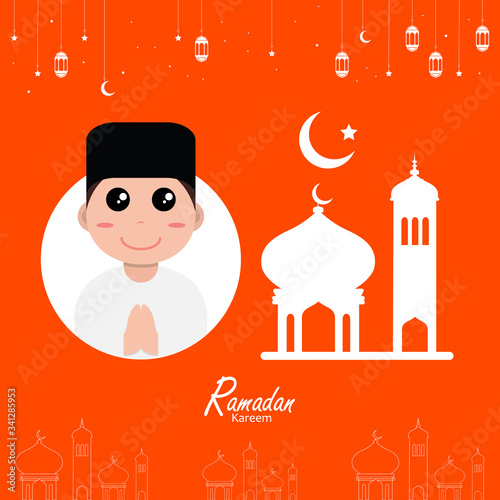 flat illustration ramadan background with ramadan kareem cartoon character design