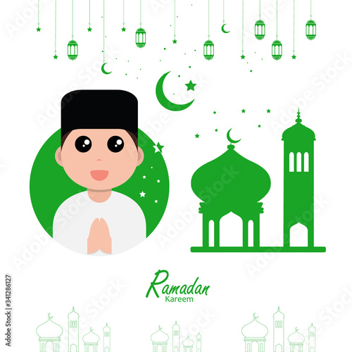 flat illustration ramadan background with ramadan kareem cartoon character design